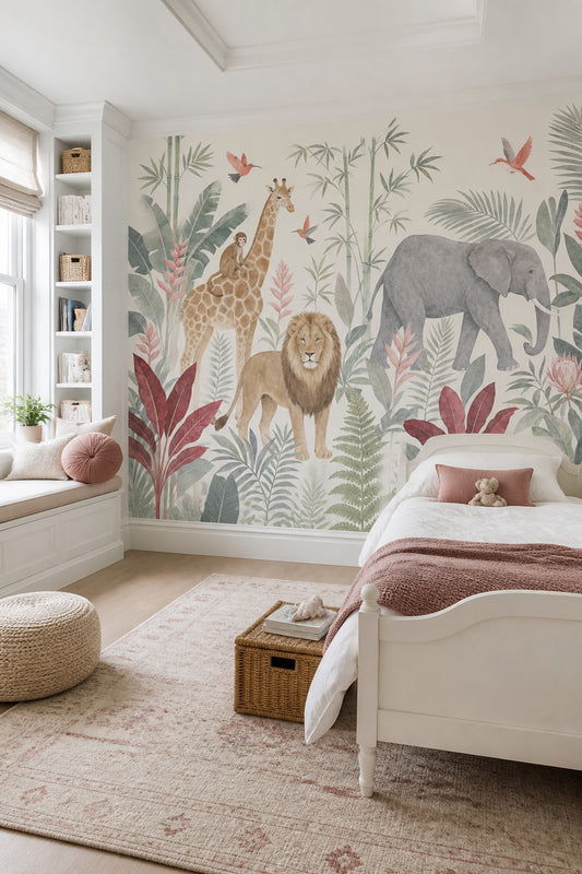 Tropical Safari Wallpaper Jungle Animals Watercolor Wall Mural