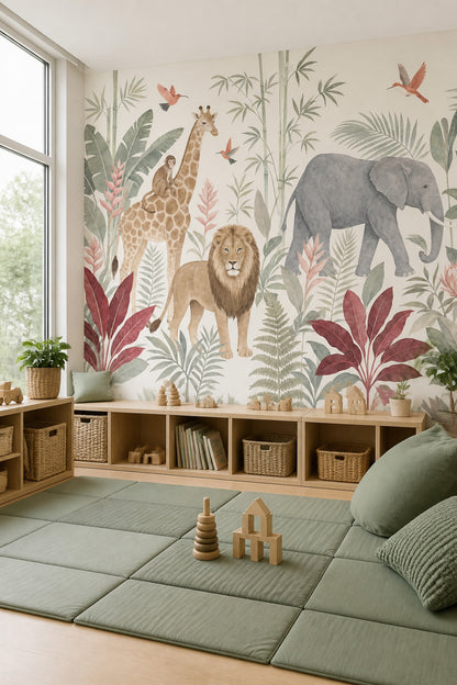 Tropical Safari Wallpaper Jungle Animals Watercolor Wall Mural