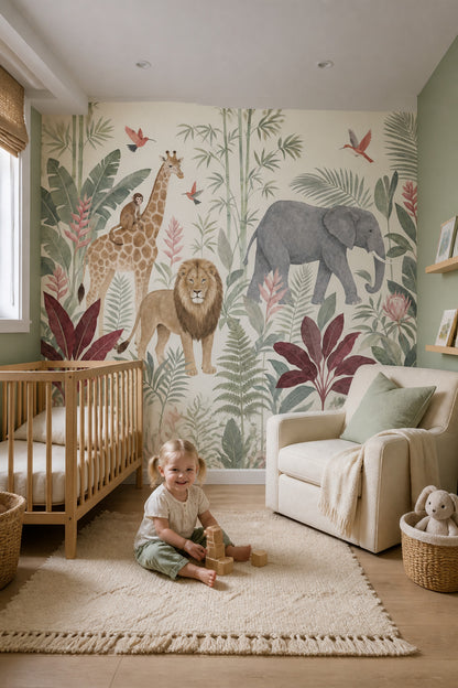 Tropical Safari Wallpaper Jungle Animals Watercolor Wall Mural