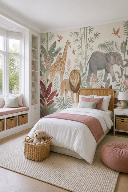 Tropical Safari Wallpaper Jungle Animals Watercolor Wall Mural