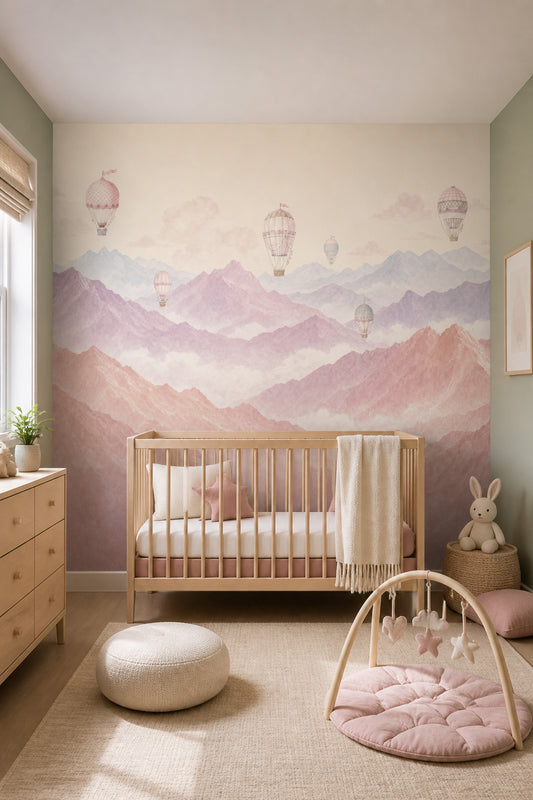 Pastel Landscape Wallpaper Watercolor Mountains Hot Air Balloons Wall Mural