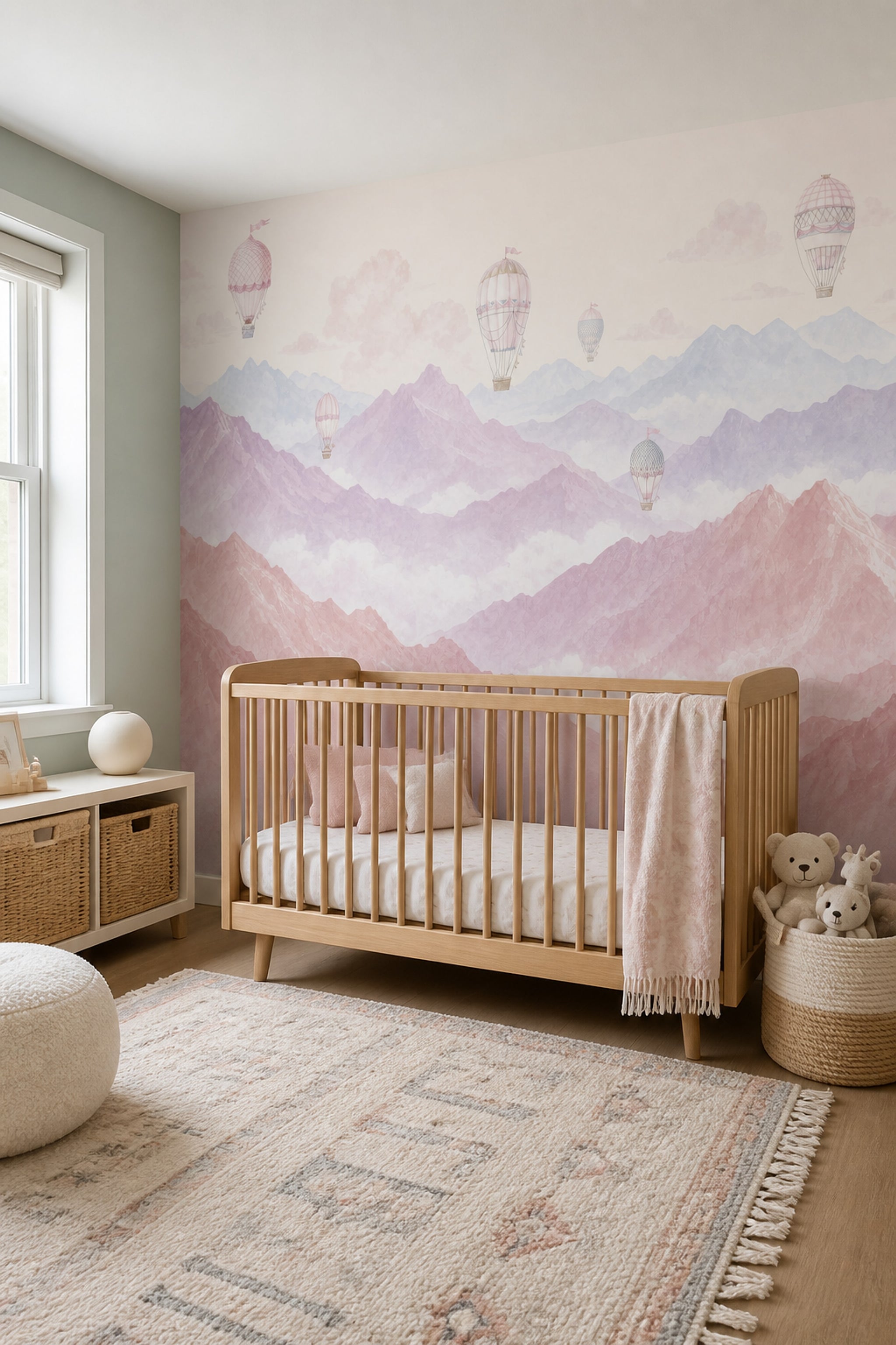 Pastel Landscape Wallpaper Watercolor Mountains Hot Air Balloons Wall Mural