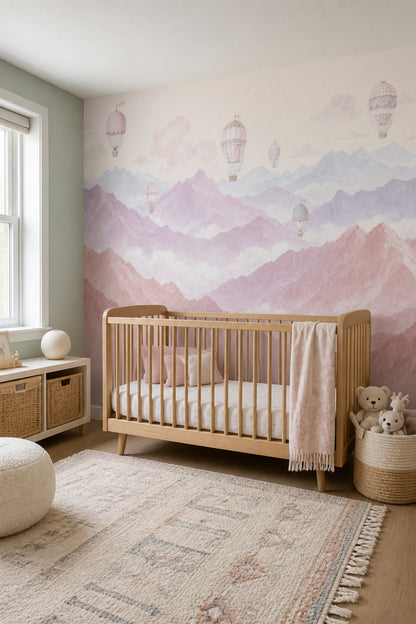 Pastel Landscape Wallpaper Watercolor Mountains Hot Air Balloons Wall Mural