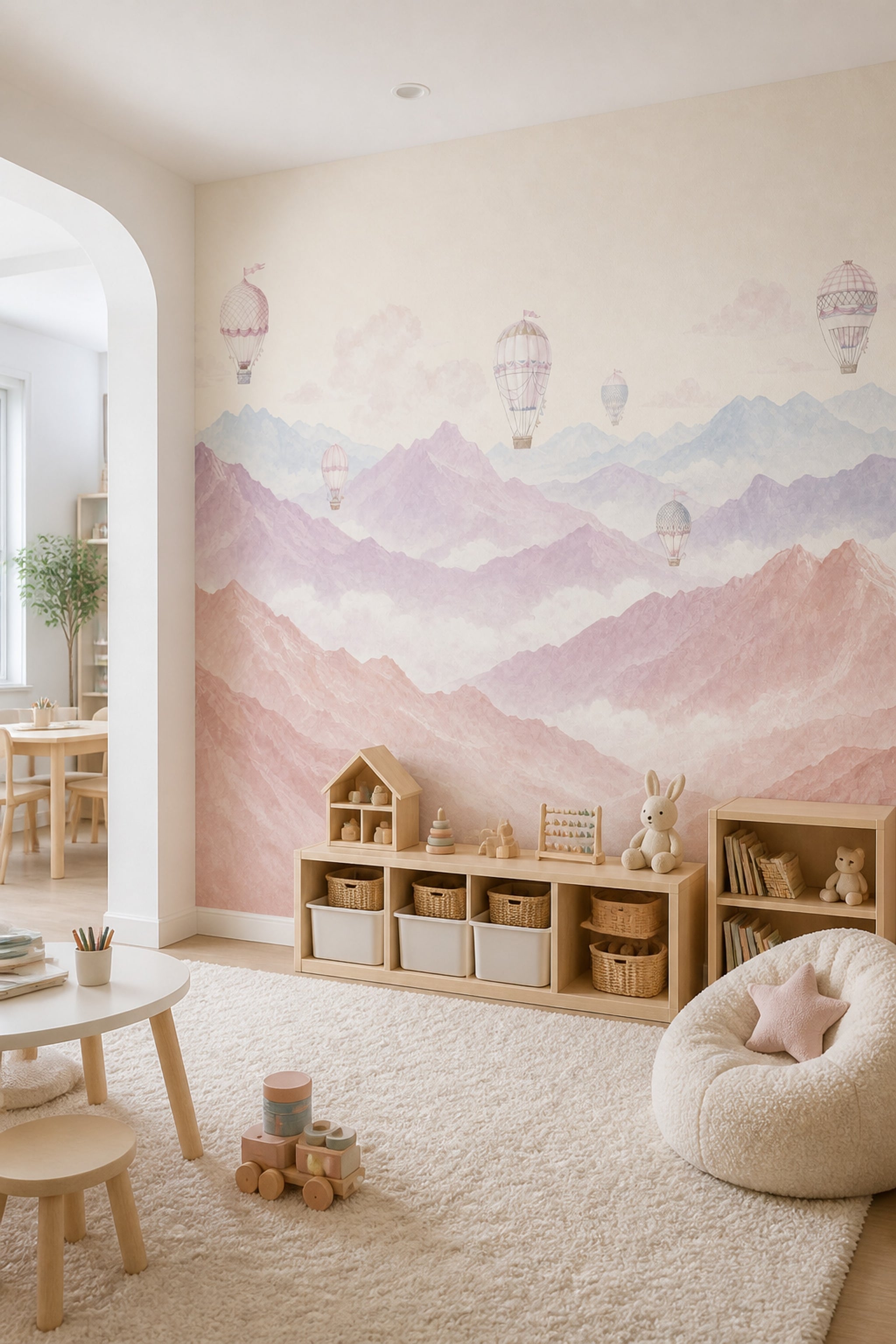 Pastel Landscape Wallpaper Watercolor Mountains Hot Air Balloons Wall Mural