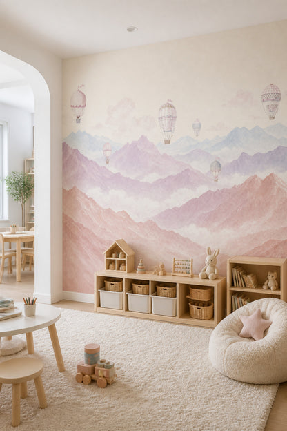 Pastel Landscape Wallpaper Watercolor Mountains Hot Air Balloons Wall Mural