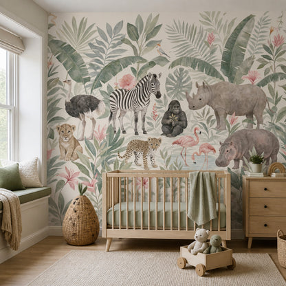 Tropical Jungle Wallpaper Safari Animals Removable Watercolor Wall Decor