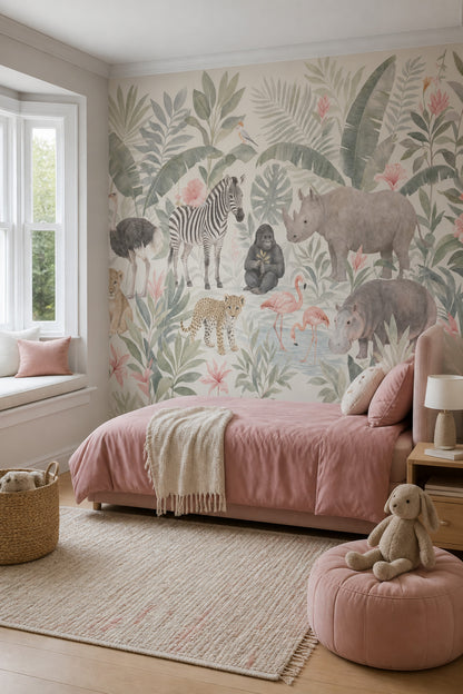 Tropical Jungle Wallpaper Safari Animals Removable Watercolor Wall Decor