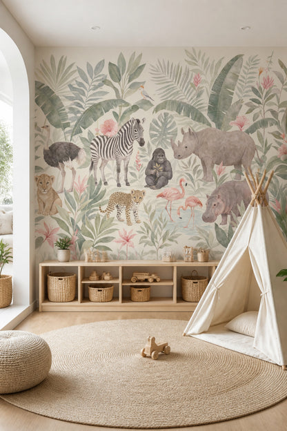 Tropical Jungle Wallpaper Safari Animals Removable Watercolor Wall Decor