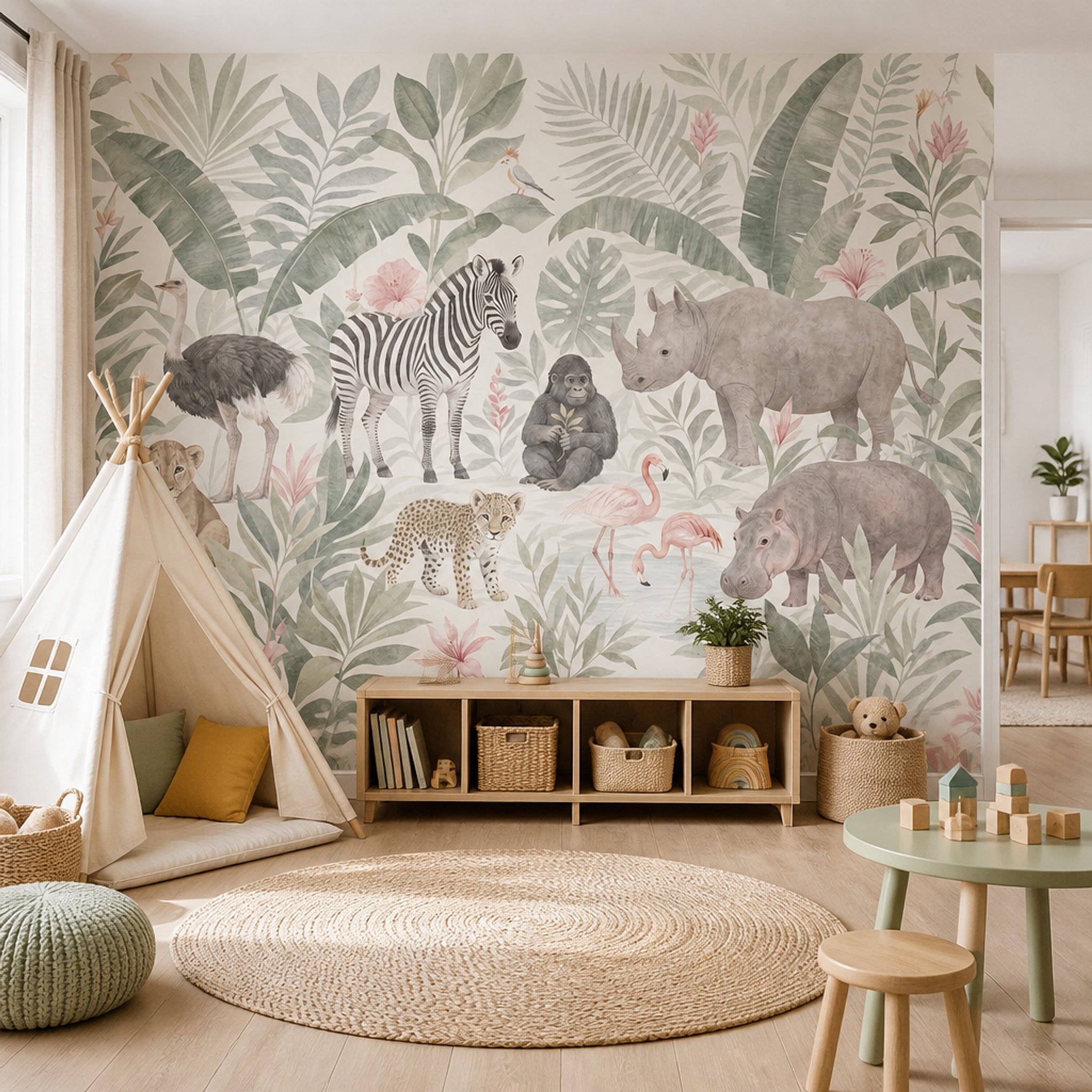 Tropical Jungle Wallpaper Safari Animals Removable Watercolor Wall Decor