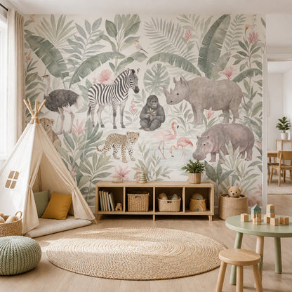 Tropical Jungle Wallpaper Safari Animals Removable Watercolor Wall Decor