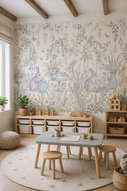 Rabbit Garden Wallpaper Floral Wallpaper Tea Party Removable Wall Decor
