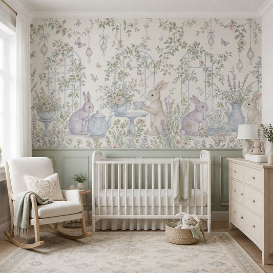 Rabbit Garden Wallpaper Floral Wallpaper Tea Party Removable Wall Decor