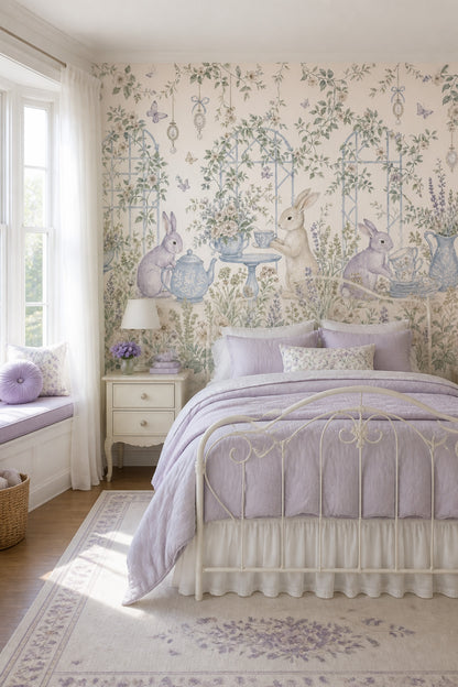 Rabbit Garden Wallpaper Floral Wallpaper Tea Party Removable Wall Decor
