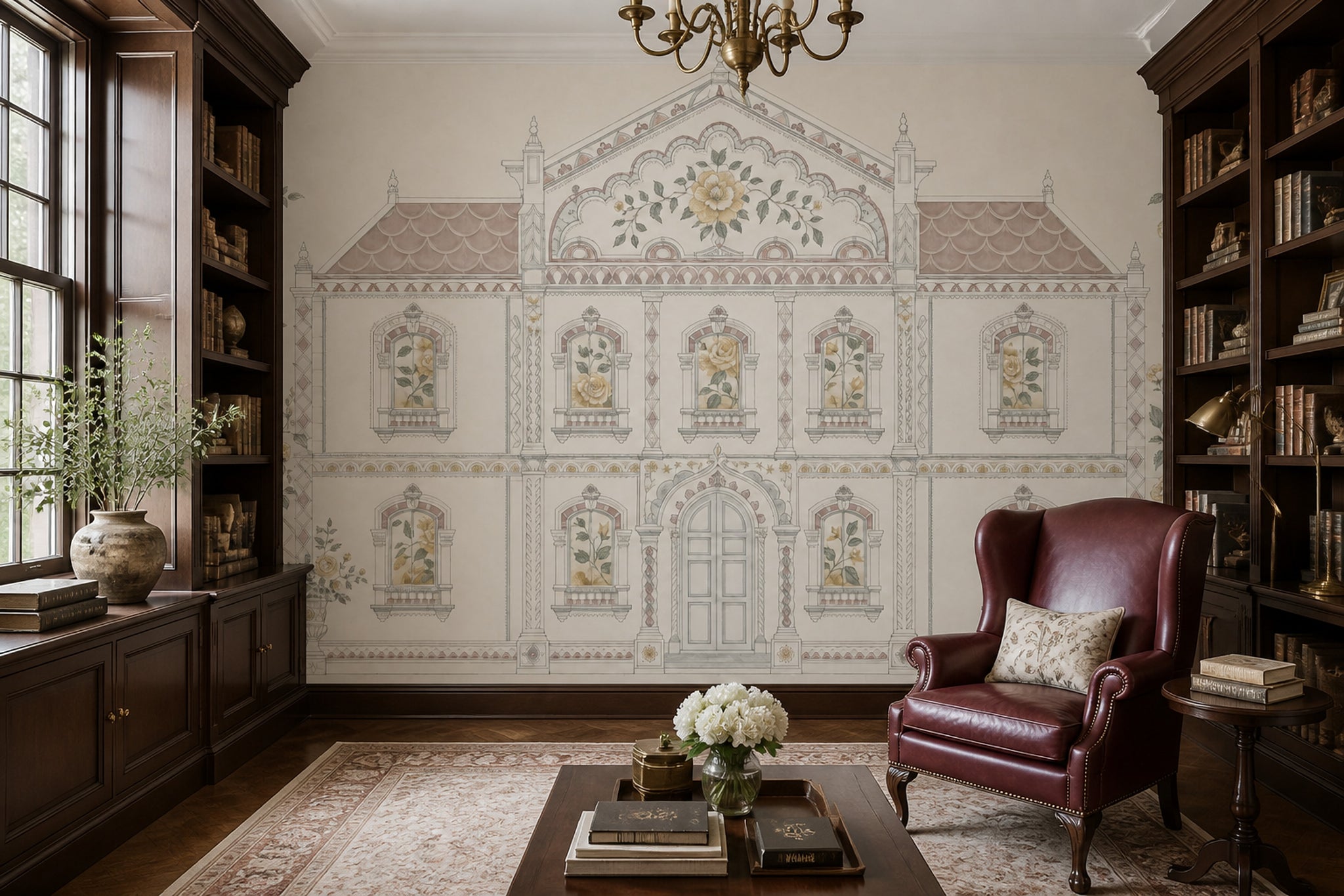 Muted Green Wallpaper Botanical Removable Architectural Wall Decor