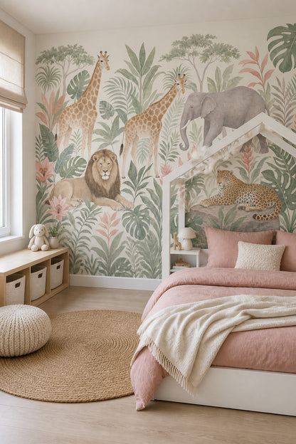Safari Animals Wallpaper Jungle Mural Removable Tropical Foliage Wall Decor