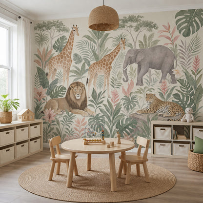 Safari Animals Wallpaper Jungle Mural Removable Tropical Foliage Wall Decor