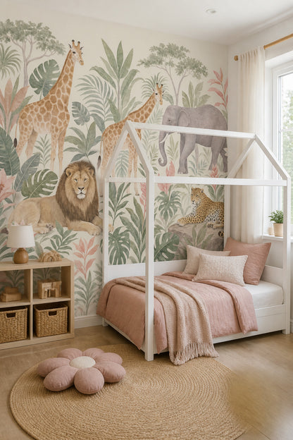 Safari Animals Wallpaper Jungle Mural Removable Tropical Foliage Wall Decor