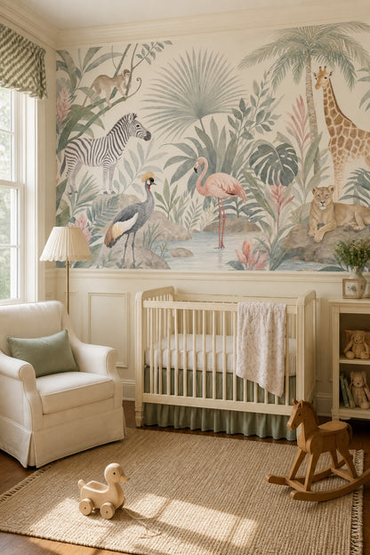 Tropical Jungle Wallpaper Safari Animals Watercolor Removable Wall Decor