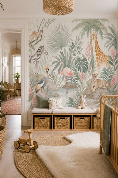 Tropical Jungle Wallpaper Safari Animals Watercolor Removable Wall Decor