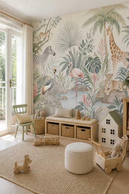 Tropical Jungle Wallpaper Safari Animals Watercolor Removable Wall Decor