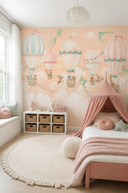 Hot Air Balloons Wallpaper Watercolor Removable Pastel Wall Decor