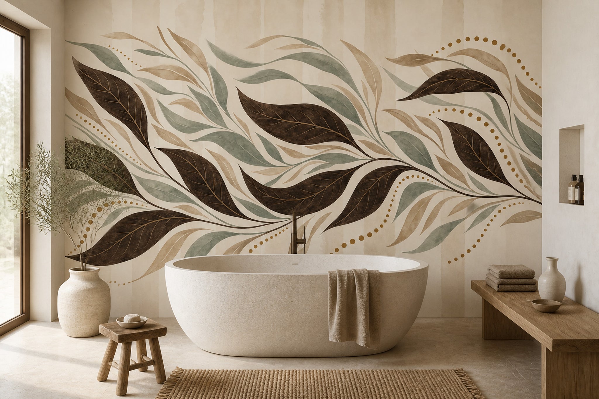 Botanical Wallpaper Leafy Vines Cream Background Removable Wall Decor