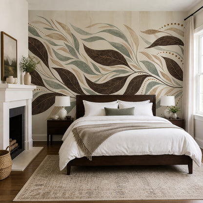 Botanical Wallpaper Leafy Vines Cream Background Removable Wall Decor