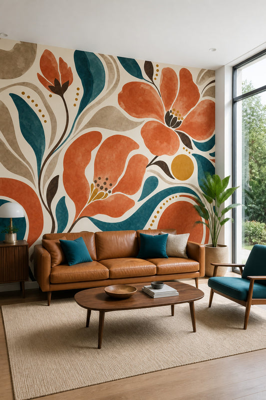 Terracotta Flowers Wallpaper Teal Leaves Cream Background Removable Wall Decor