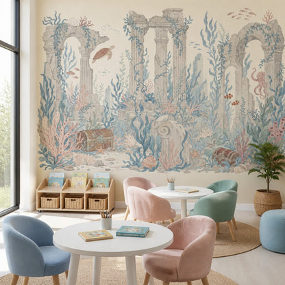 Underwater Ruins Wallpaper Coastal Watercolor Removable Wall Decor