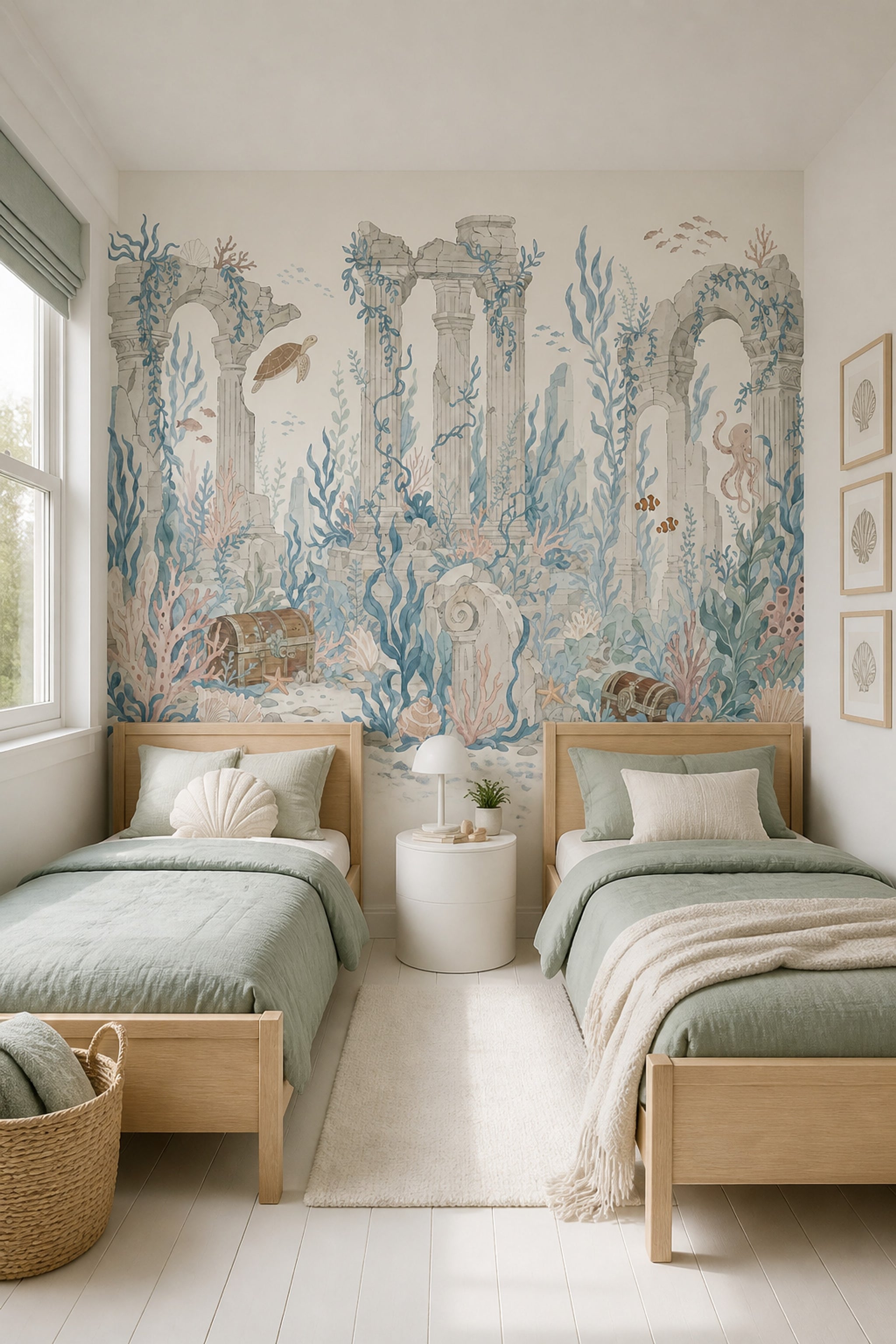 Underwater Ruins Wallpaper Coastal Watercolor Removable Wall Decor