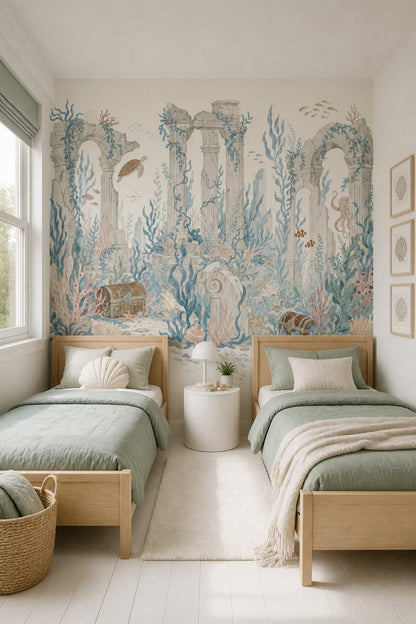 Underwater Ruins Wallpaper Coastal Watercolor Removable Wall Decor