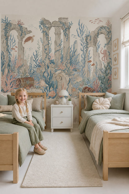 Underwater Ruins Wallpaper Coastal Watercolor Removable Wall Decor