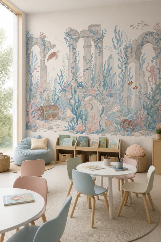 Underwater Ruins Wallpaper Coastal Watercolor Removable Wall Decor