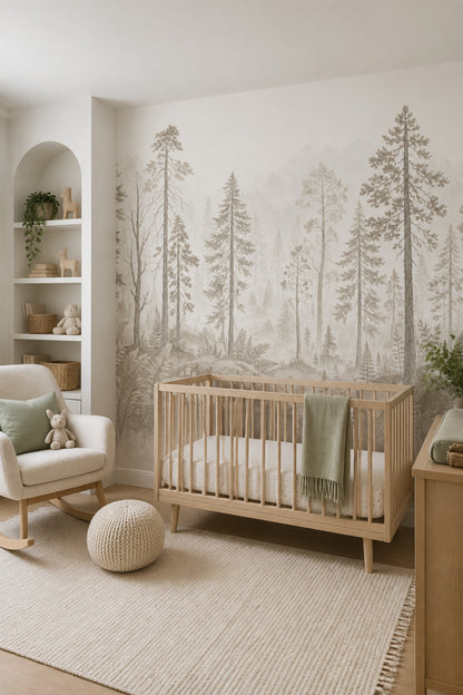 Misty Forest Wallpaper Foggy Woodland Pine Tree Removable Wall Decor