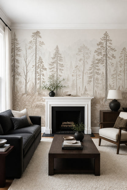 Misty Forest Wallpaper Foggy Woodland Pine Tree Removable Wall Decor