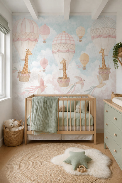 Nursery Wallpaper Hot Air Balloons Removable Giraffes Wall Decor