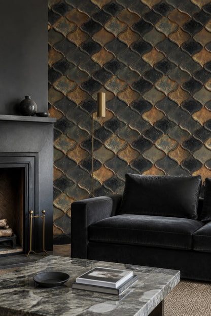 Moroccan Tile Wallpaper Geometric Removable Metallic Gold Wall Double Roll