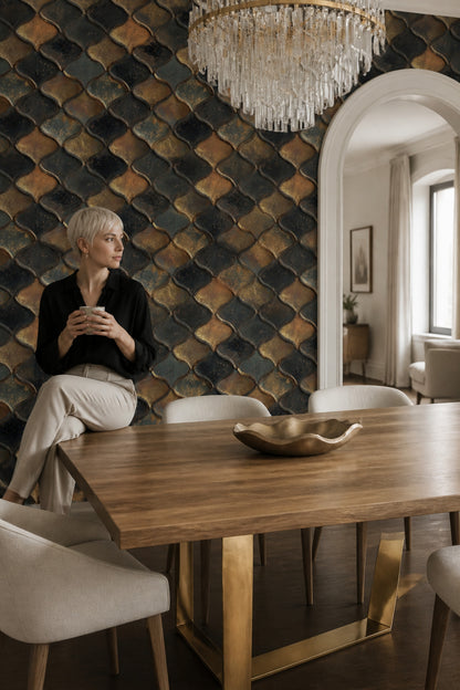 Moroccan Tile Wallpaper Geometric Removable Metallic Gold Wall Double Roll
