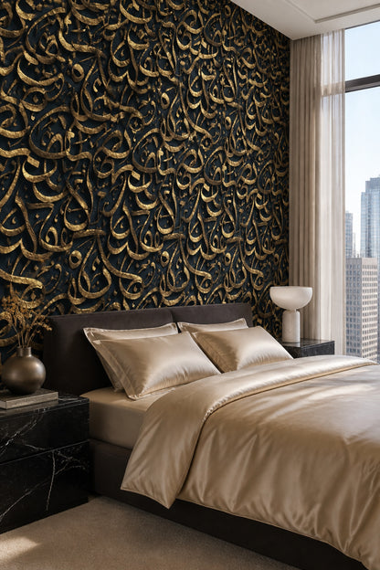 Arabic Calligraphy Wallpaper Gold Metallic Black Background Decorative Mural