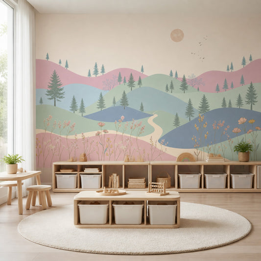 Pastel Landscape Wallpaper Rolling Hills Pine Trees Wall Mural