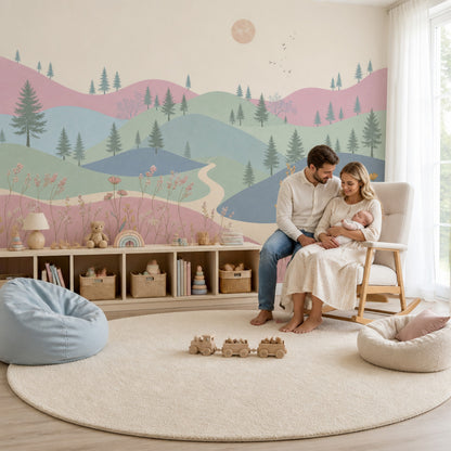 Pastel Landscape Wallpaper Rolling Hills Pine Trees Wall Mural