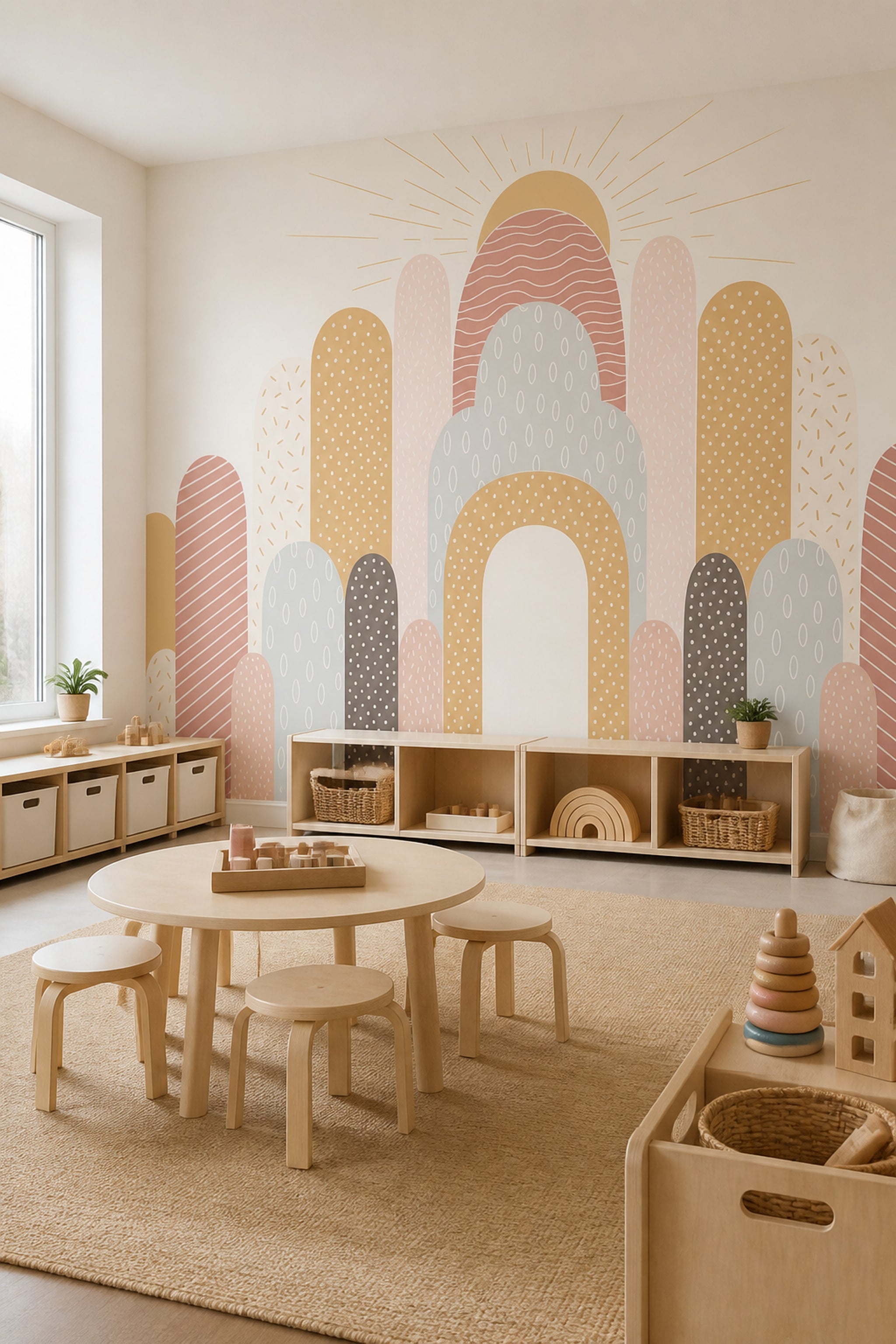 Abstract Arches Wallpaper Sunburst Cream Background Wall Mural