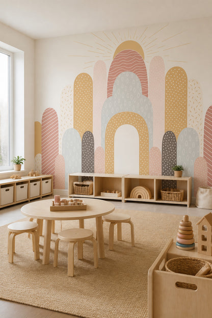 Abstract Arches Wallpaper Sunburst Cream Background Wall Mural