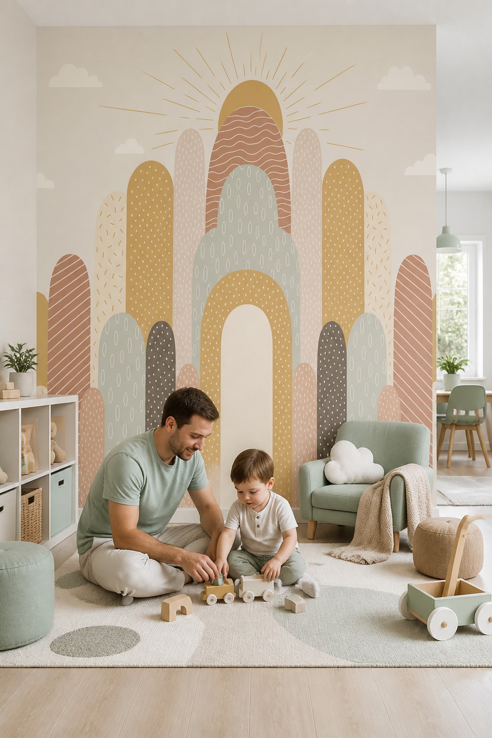 Abstract Arches Wallpaper Sunburst Cream Background Wall Mural