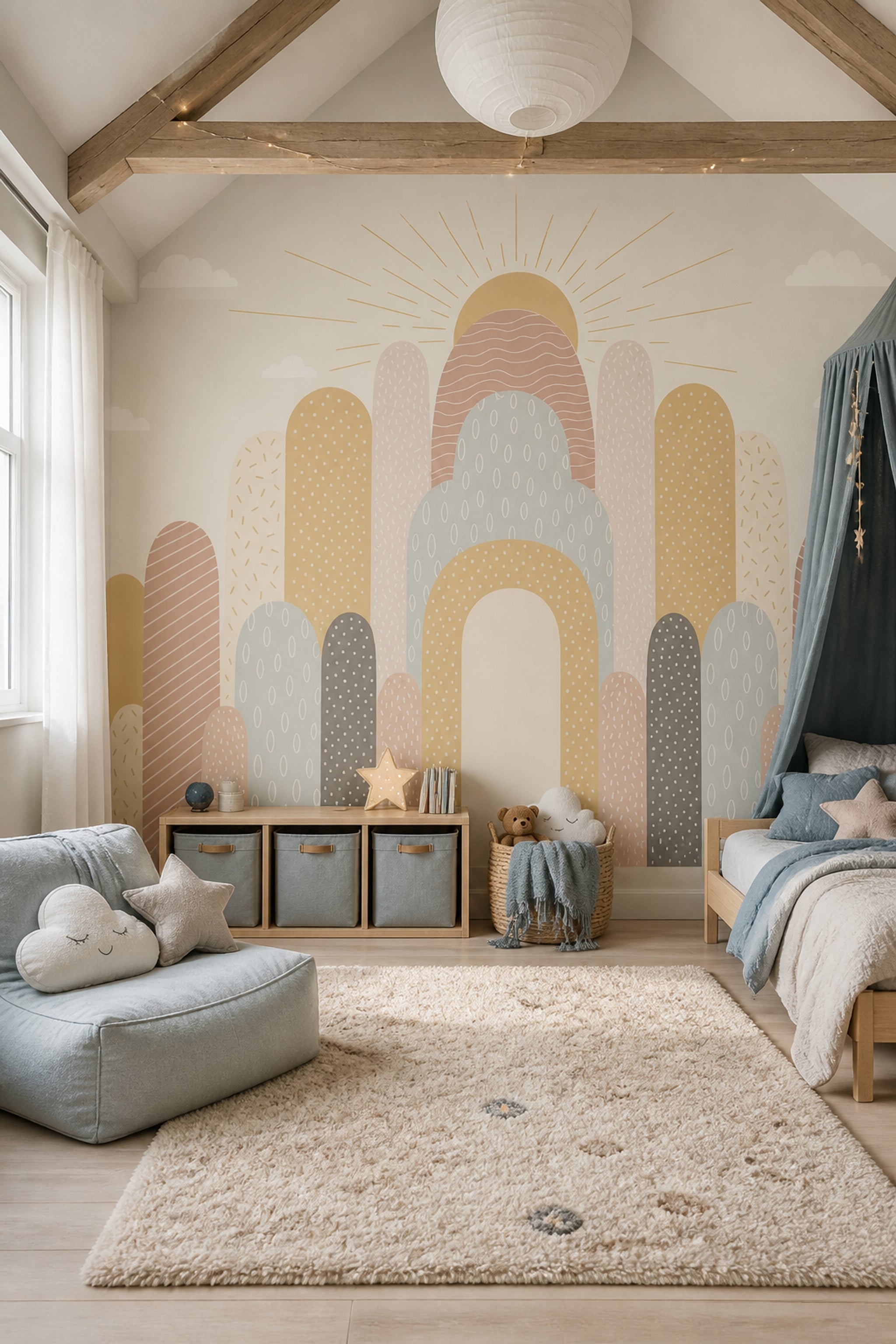 Abstract Arches Wallpaper Sunburst Cream Background Wall Mural
