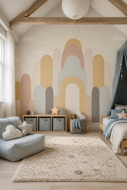 Abstract Arches Wallpaper Sunburst Cream Background Wall Mural