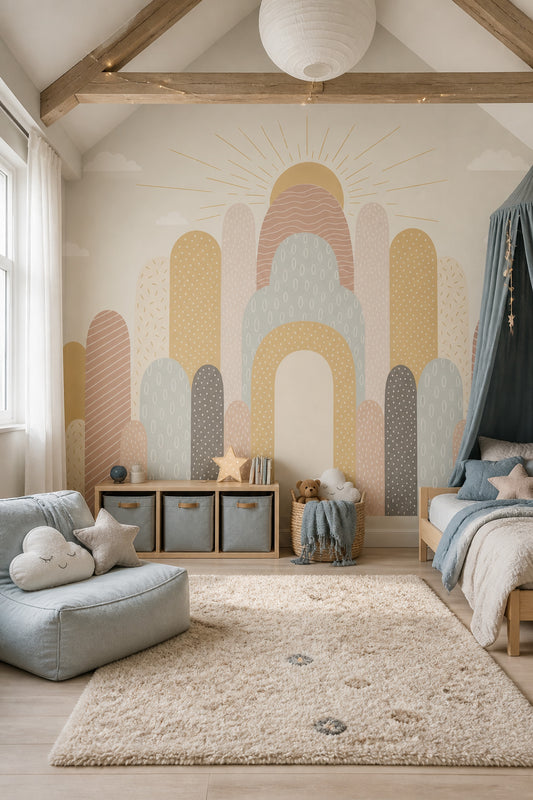 Abstract Arches Wallpaper Sunburst Cream Background Wall Mural