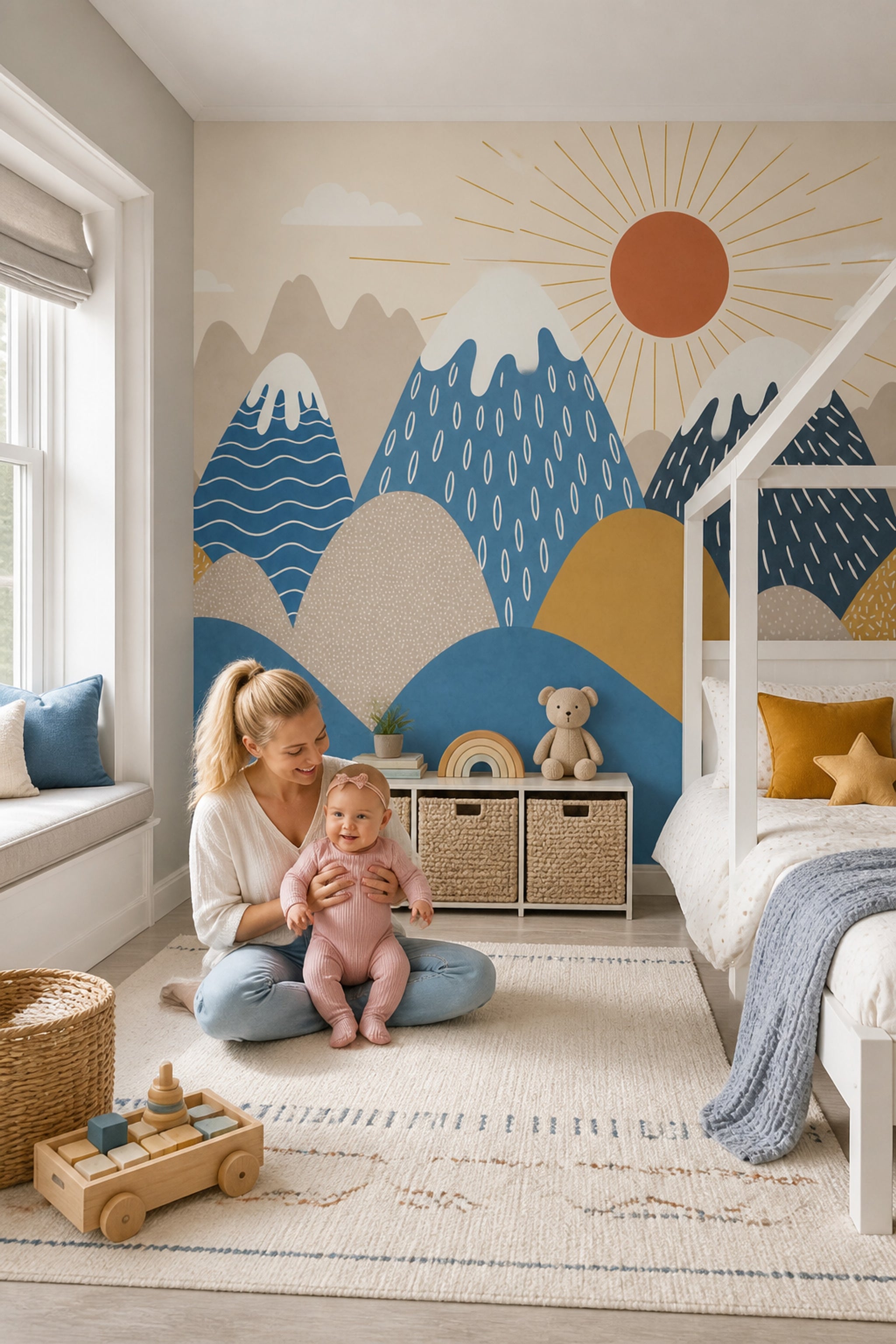 Mountain Landscape Wallpaper Sun Rays Removable Scandinavian Wall Decor