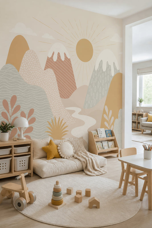 Abstract Landscape Wallpaper Mountains Sunburst Removable Wall Decor
