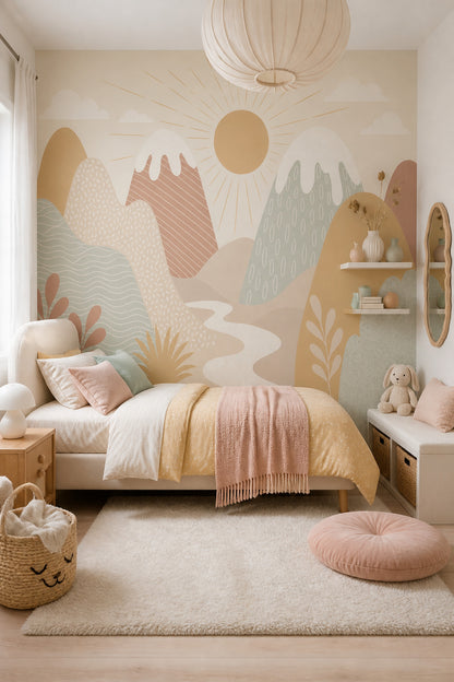 Abstract Landscape Wallpaper Mountains Sunburst Removable Wall Decor